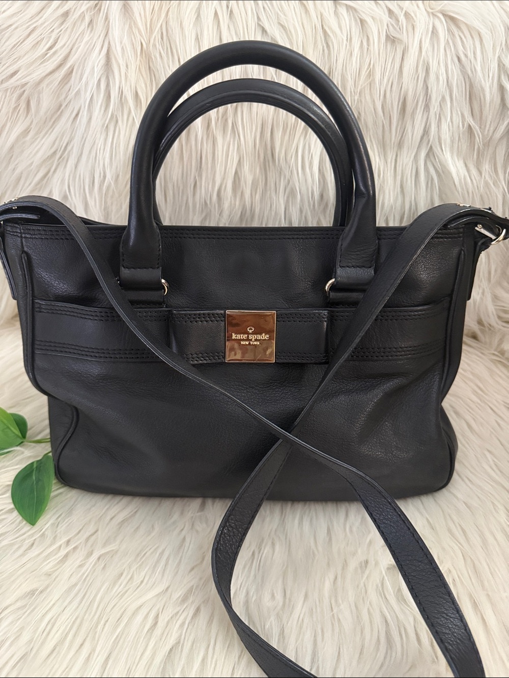 Kate Spade New York Black Genuine Leather Satchel Shoulder Bag with Logo Plate